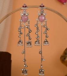 Oxidised Silver Look Multi Layer Long Chain Jhumka Earrings for Women with Artificial Stones
