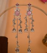 Oxidised Silver Look Multi Layer Long Chain Jhumka Earrings for Women with Artificial Stones