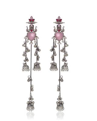 Oxidised Silver Look Multi Layer Long Chain Jhumka Earrings for Women with Artificial Stones 2