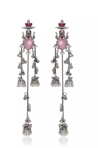 Oxidised Silver Look Multi Layer Long Chain Jhumka Earrings for Women with Artificial Stones