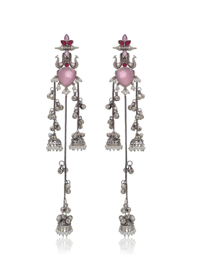 Oxidised Silver Look Multi Layer Long Chain Jhumka Earrings for Women with Artificial Stones
