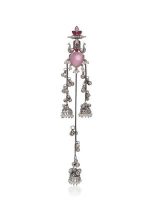 Oxidised Silver Look Multi Layer Long Chain Jhumka Earrings for Women with Artificial Stones 3