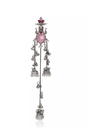 Oxidised Silver Look Multi Layer Long Chain Jhumka Earrings for Women with Artificial Stones