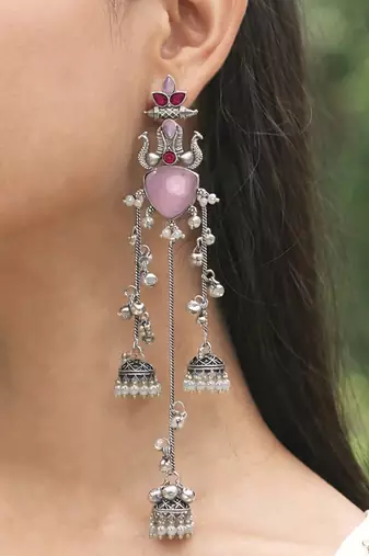 Oxidised Silver Look Multi Layer Long Chain Jhumka Earrings for Women with Artificial Stones