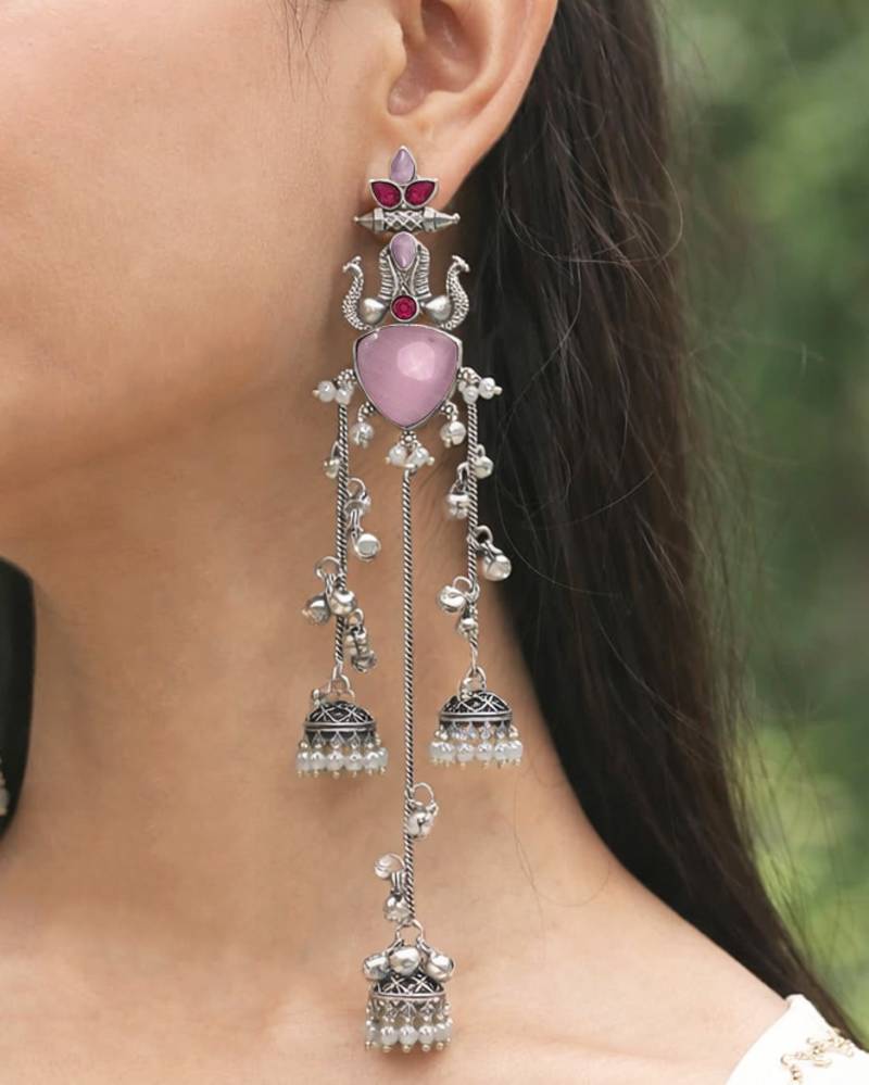 Oxidised Silver Look Multi Layer Long Chain Jhumka Earrings for Women with Artificial Stones
