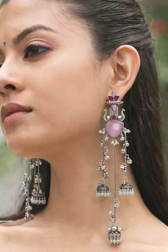 Oxidised Silver Look Multi Layer Long Chain Jhumka Earrings for Women with Artificial Stones