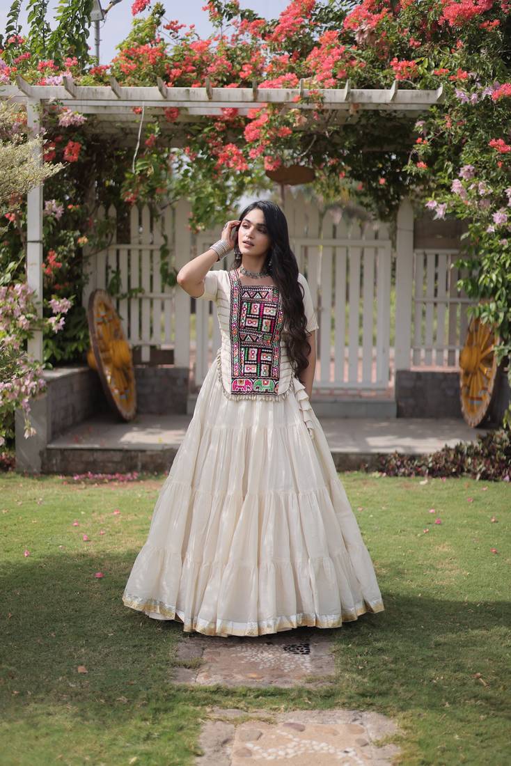 WHITEKora Cotton Navratri Lehenga Choli with Kutchi Patch Work | Fully Stitched Chaniya Choli for Navratri