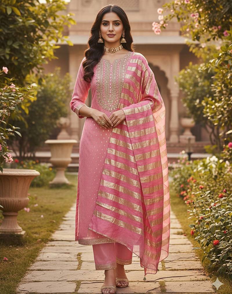 pink weaved shimmer jacquard butti unstitched dress material 