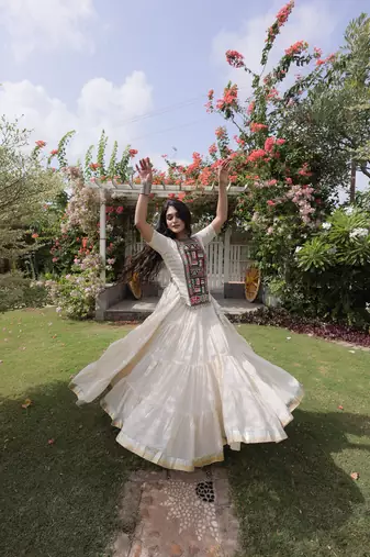 WHITEKora Cotton Navratri Lehenga Choli with Kutchi Patch Work | Fully Stitched Chaniya Choli for Navratri