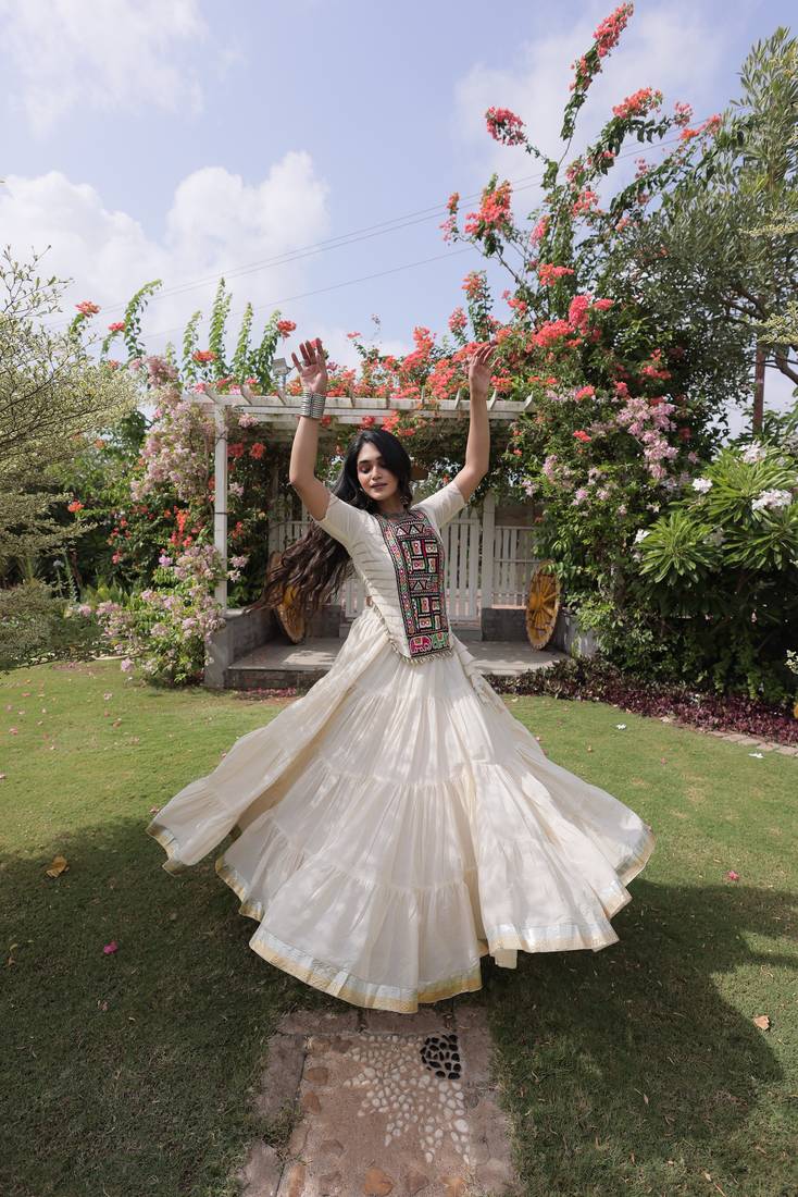 WHITEKora Cotton Navratri Lehenga Choli with Kutchi Patch Work | Fully Stitched Chaniya Choli for Navratri