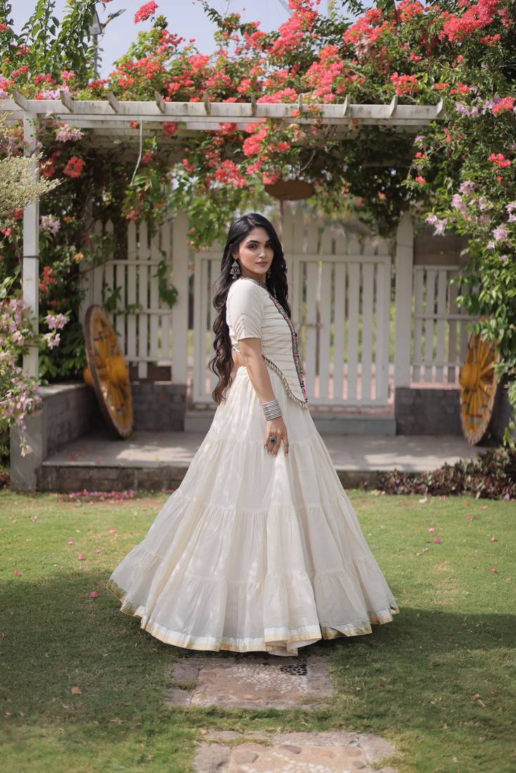 WHITEKora Cotton Navratri Lehenga Choli with Kutchi Patch Work | Fully Stitched Chaniya Choli for Navratri
