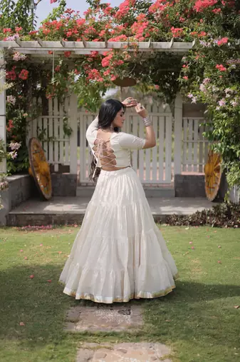 WHITEKora Cotton Navratri Lehenga Choli with Kutchi Patch Work | Fully Stitched Chaniya Choli for Navratri