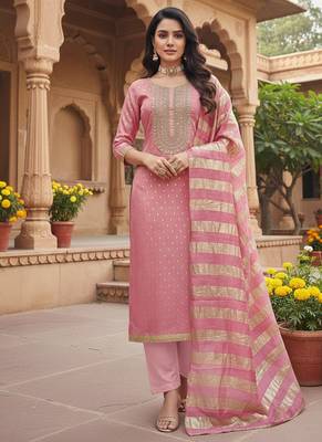 pink weaved shimmer jacquard butti unstitched dress material  4