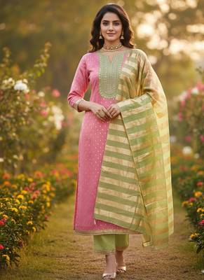 pink weaved shimmer jacquard butti unstitched dress material  1