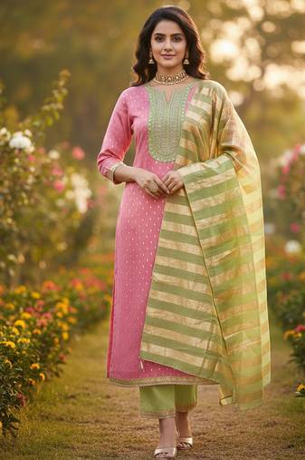 pink weaved shimmer jacquard butti unstitched dress material 
