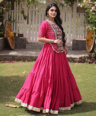 PINK Kora Cotton Navratri Lehenga Choli with Kutchi Patch Work | Fully Stitched Chaniya Choli for Navratri 2