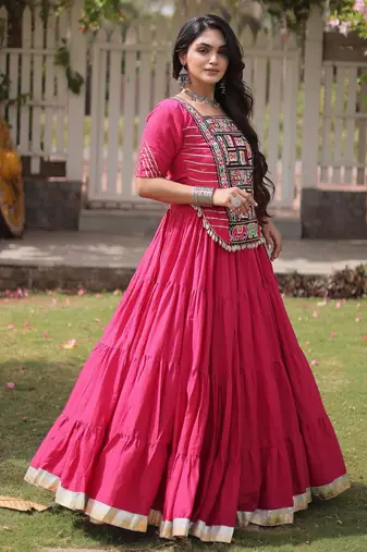 PINK Kora Cotton Navratri Lehenga Choli with Kutchi Patch Work | Fully Stitched Chaniya Choli for Navratri