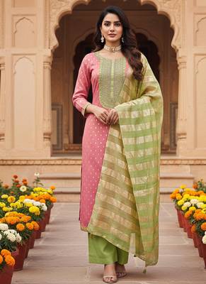 pink weaved shimmer jacquard butti unstitched dress material  2