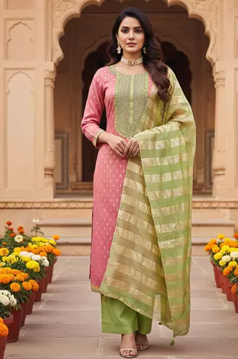 pink weaved shimmer jacquard butti unstitched dress material 
