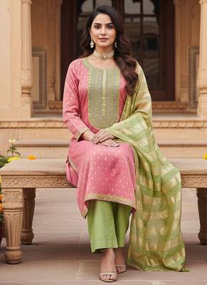 pink weaved shimmer jacquard butti unstitched dress material  3