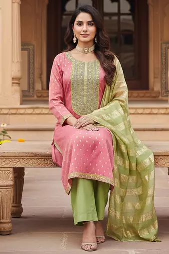 pink weaved shimmer jacquard butti unstitched dress material 