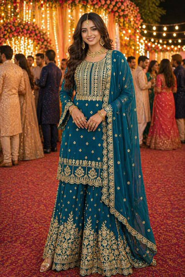 Teal blue embroidered with mirror work heavy georgette free size stiched kurta set with sharara and dupatta