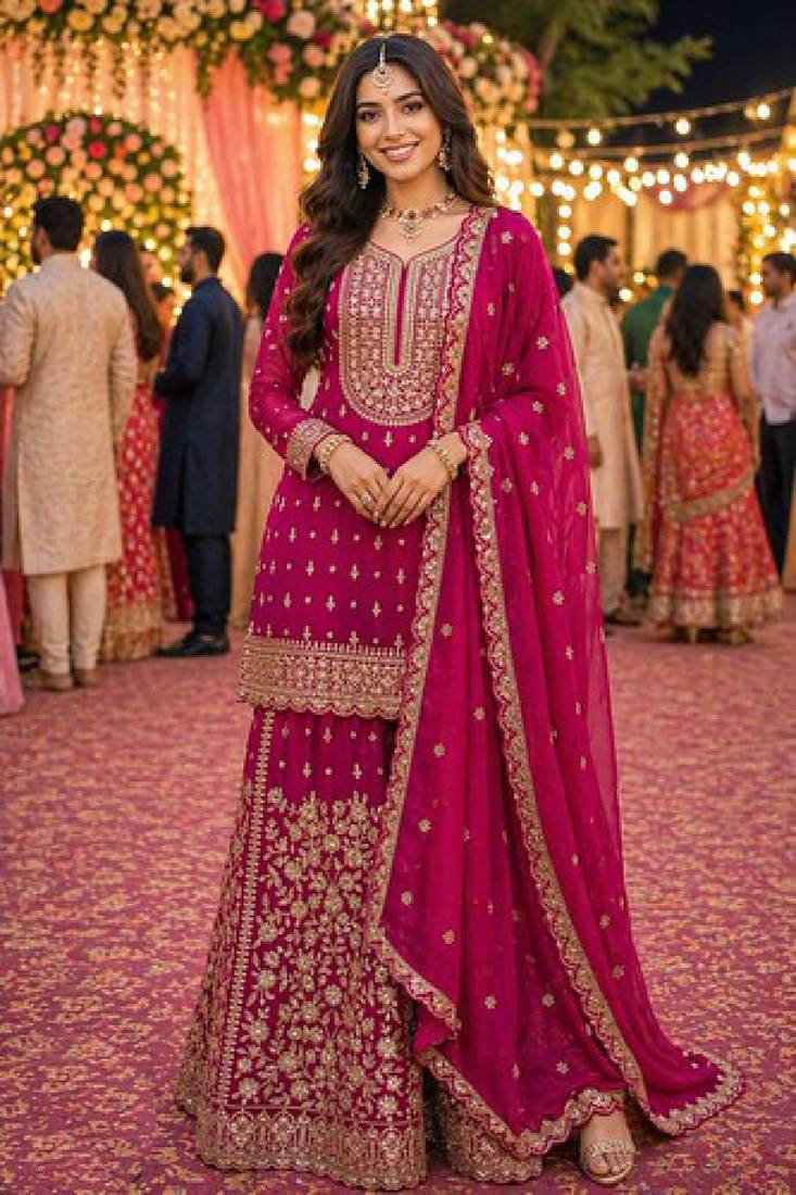 Pink embroidered with mirror work heavy georgette free size stiched kurta set with sharara and dupatta