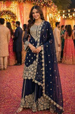 Navy blue embroidered with mirror work heavy georgette free size stiched kurta set with sharara and dupatta 1