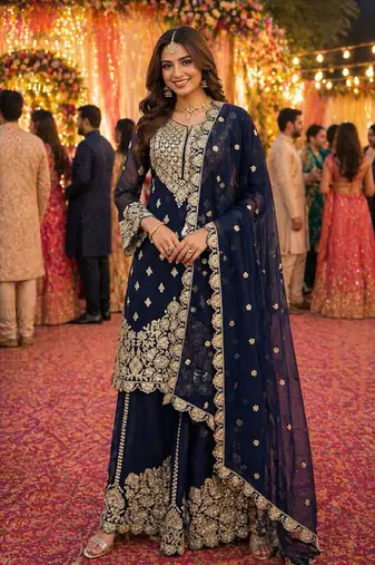 Navy blue embroidered with mirror work heavy georgette free size stiched kurta set with sharara and dupatta