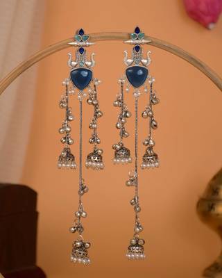 Oxidised Silver Look Multi Layer Long Chain Jhumka Earrings for Women with Artificial Stones 1