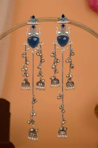 Oxidised Silver Look Multi Layer Long Chain Jhumka Earrings for Women with Artificial Stones