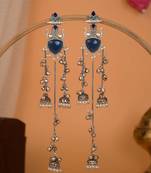 Oxidised Silver Look Multi Layer Long Chain Jhumka Earrings for Women with Artificial Stones