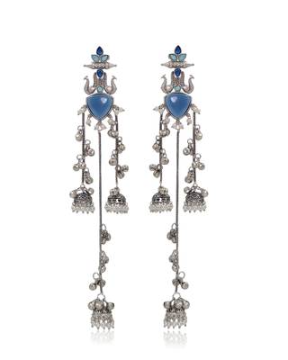 Oxidised Silver Look Multi Layer Long Chain Jhumka Earrings for Women with Artificial Stones 2