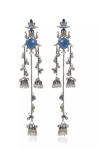 Oxidised Silver Look Multi Layer Long Chain Jhumka Earrings for Women with Artificial Stones