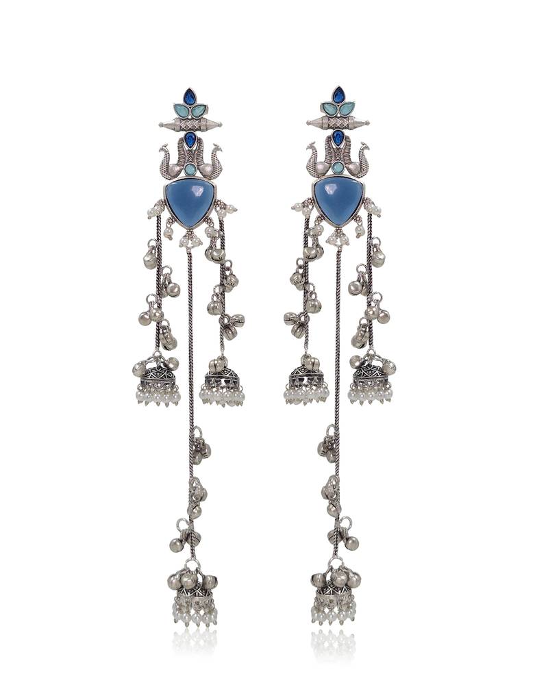 Oxidised Silver Look Multi Layer Long Chain Jhumka Earrings for Women with Artificial Stones