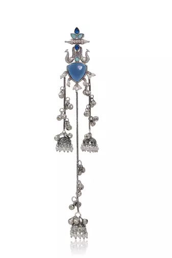 Oxidised Silver Look Multi Layer Long Chain Jhumka Earrings for Women with Artificial Stones