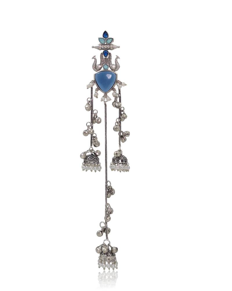Oxidised Silver Look Multi Layer Long Chain Jhumka Earrings for Women with Artificial Stones