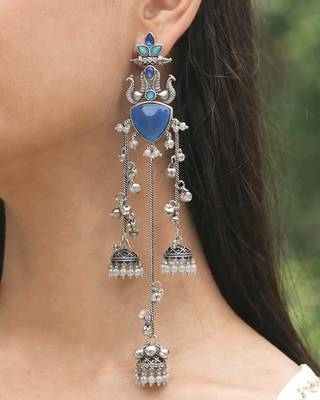 Oxidised Silver Look Multi Layer Long Chain Jhumka Earrings for Women with Artificial Stones 4