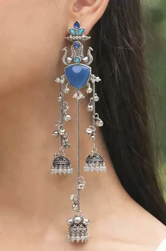 Oxidised Silver Look Multi Layer Long Chain Jhumka Earrings for Women with Artificial Stones