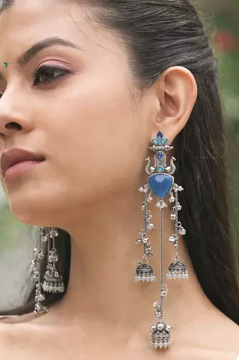 Oxidised Silver Look Multi Layer Long Chain Jhumka Earrings for Women with Artificial Stones