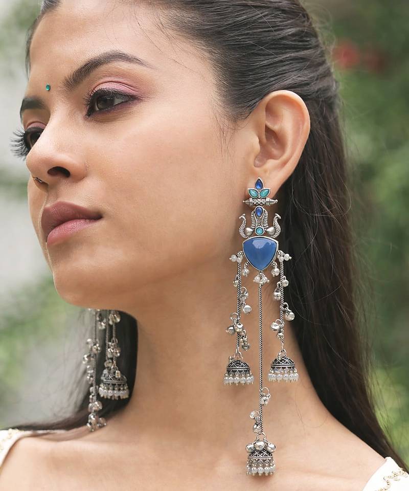 Oxidised Silver Look Multi Layer Long Chain Jhumka Earrings for Women with Artificial Stones