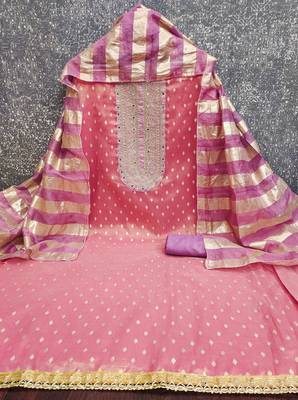 pink weaved shimmer jacquard butti unstitched dress material  2
