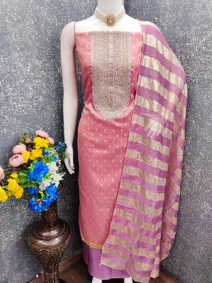 pink weaved shimmer jacquard butti unstitched dress material  4