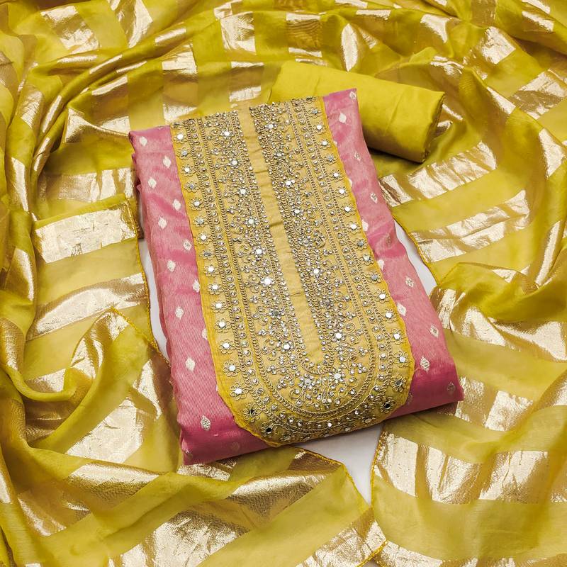 pink weaved shimmer jacquard butti unstitched dress material 