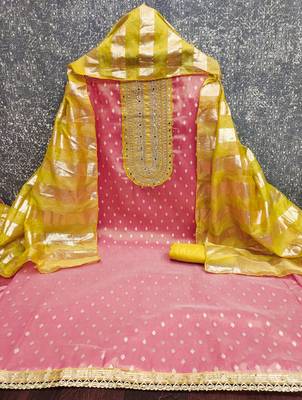 pink weaved shimmer jacquard butti unstitched dress material  2