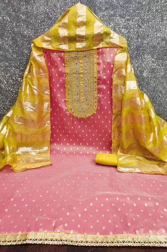 pink weaved shimmer jacquard butti unstitched dress material 
