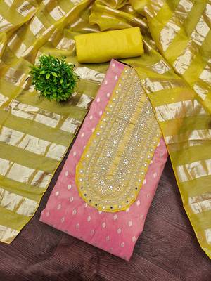 pink weaved shimmer jacquard butti unstitched dress material  3