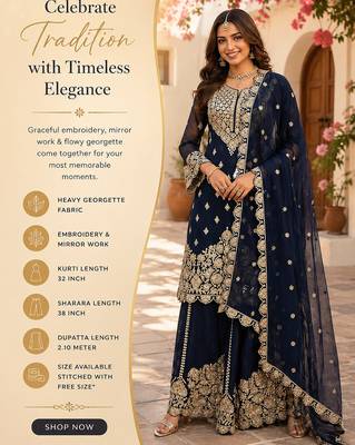 Navy blue embroidered with mirror work heavy georgette free size stiched kurta set with sharara and dupatta 2