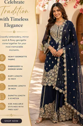 Navy blue embroidered with mirror work heavy georgette free size stiched kurta set with sharara and dupatta