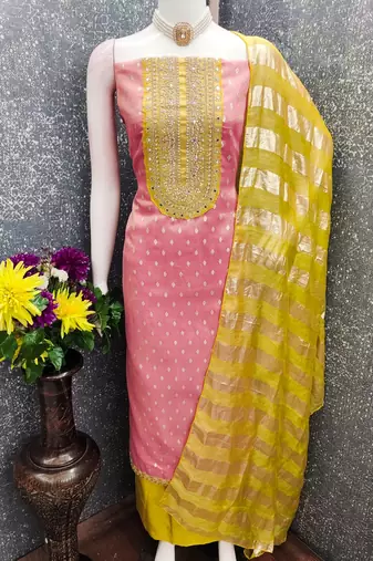pink weaved shimmer jacquard butti unstitched dress material 